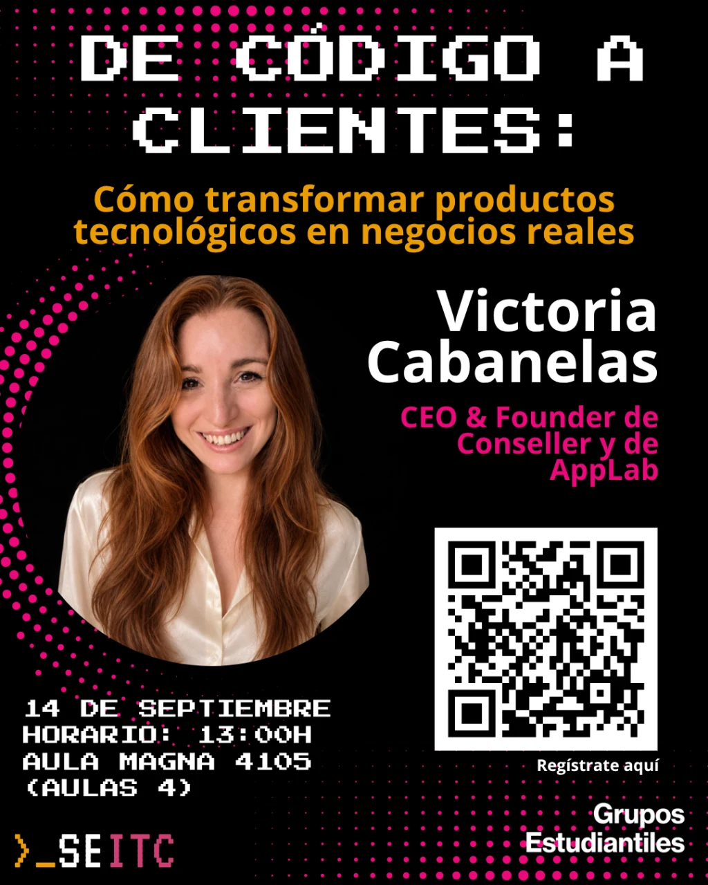 Flyer de la charla De Código a Clientes en el Tecnológico de Monterrey, 14 de septiembre